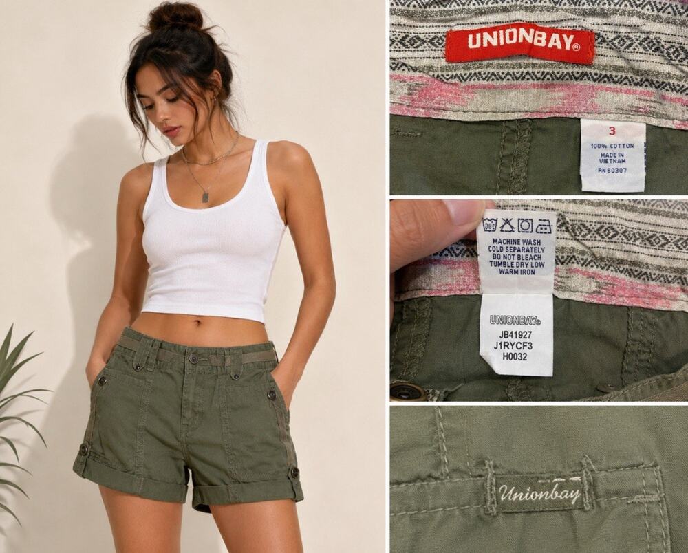 NWT Y2K Indie Sleaze 2000s UnionBay Juniors Cargo Shorts Sz 3 Olive Green Cotton